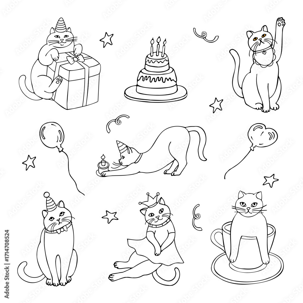 Fototapeta premium A set of doodle drawings of cats at a birthday party, hand-drawn in a cartoon style.