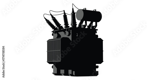 Silhouette of a large electrical transformer against a plain white background