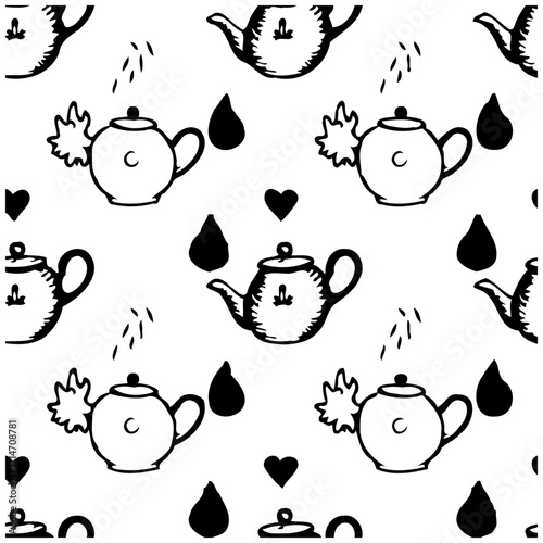 Whimsical teapots dance amid hearts and drops, creating an enchanting pattern, perfect for kitchen