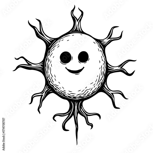 Whimsical sun illustration radiating happiness with playful facial expression and organic