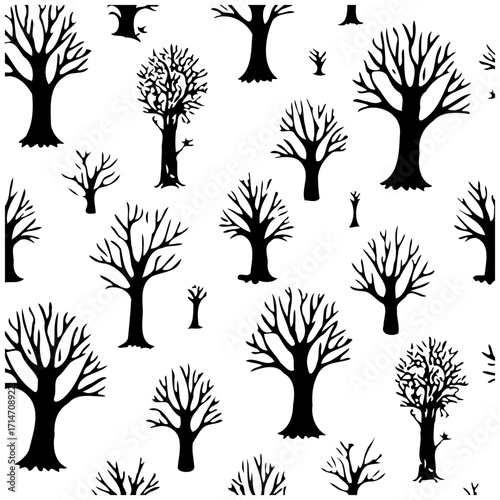 Winter tree silhouettes create an ethereal and stark forest design with varied size rendering