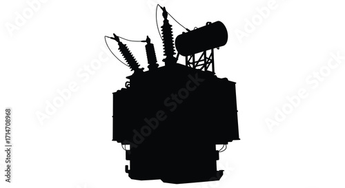 Silhouetted electrical transformer station against a stark white background