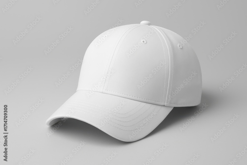 Fototapeta premium A blank white baseball cap shown at an angle on a clean, light gray studio background