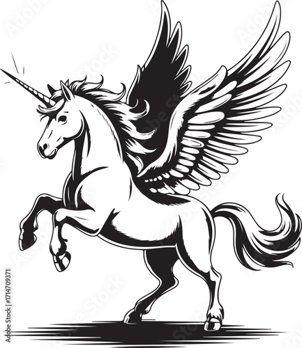 Black and white illustration of a winged unicorn rearing up with a flowing mane pegasus winged horse
