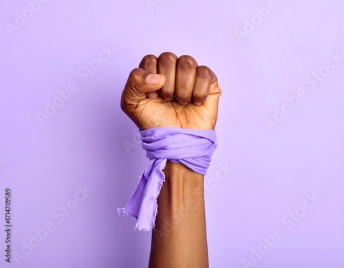 A raised fist, wrapped in a purple cloth, against a lavender background