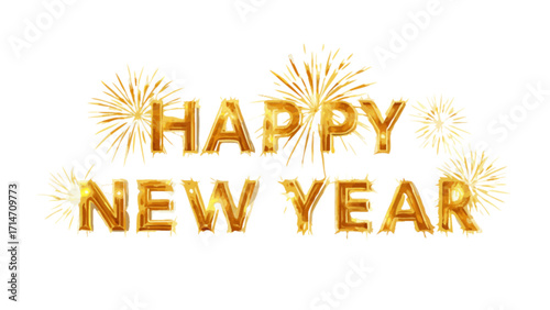 Happy new year golden balloons with fireworks background celebration party event festive occasion holiday 2024