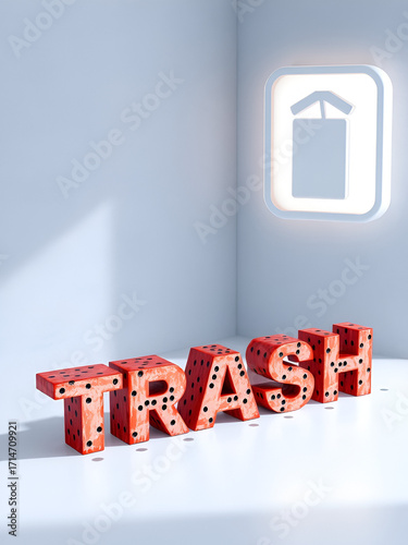 trash text of cubic dice letters on the floor and 3D icon on the wall, 3D illustration for garbage and background