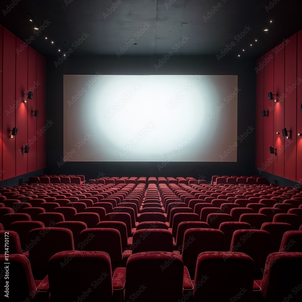 Fototapeta premium Empty movie theater with burgundy seats in dramatic style with dark red colors representing cinematic anticipation