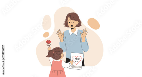 Vector art of little girl giving a rose and a thank you card to a surprised teacher