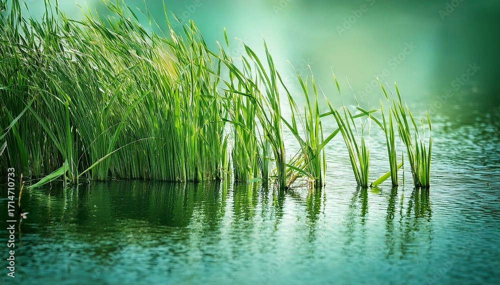 Fototapeta premium Reeds Or Grass In The Water Of A Lake Green Shallow Depth Of Field