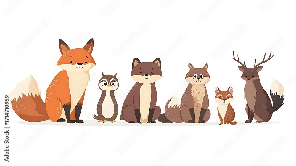 Fototapeta premium Cute cartoon forest animals group illustration on white background