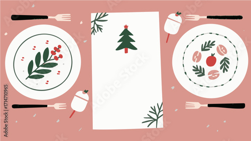 Illustration depicting a Scandinavian-style Christmas concept and dinner party in a simple, minimalist style. Winter. December. New Year. Wreath. Charm. Ornament. Snowman. Present.