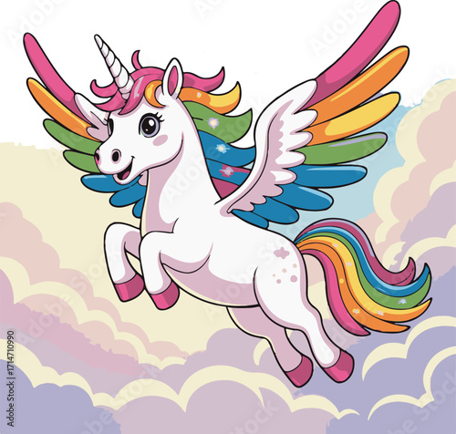 Flying unicorn with rainbow wings soaring through pastel clouds pegasus winged horse