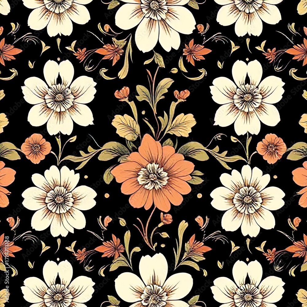 custom made wallpaper toronto digitalElegant Black Floral Pattern with Cream and Peach Flowers