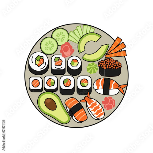 Assortment of sushi and sashimi on a round plate.