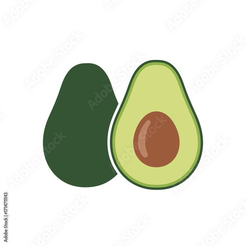 Two avocados one whole and one halved on white background.