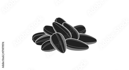 A pile of black sunflower seeds on a white background.