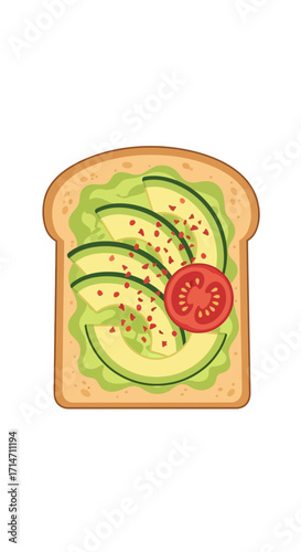 Toast with sliced avocado and a tomato slice.