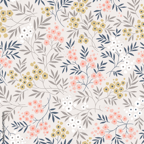 Cute floral background. Floral pattern with small coral white and yellow hand drawn flowers on a ecru background. Seamless pattern for design and fashion prints. Ditsy style. Stock vector illustration