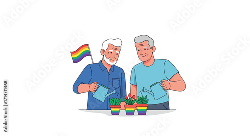 Vector art of elderly gay couple watering plants with pride flag