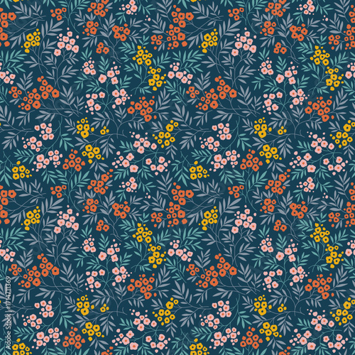 Seamless floral pattern, liberty ditsy print with rustic motif. Beautiful vintage design for fabric, paper: hand drawn plants, small flowers, tiny leaves on dark blue background. Stock vector print
