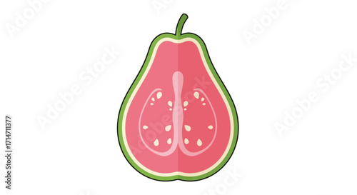 A stylized illustration of a halved pink guava fruit.