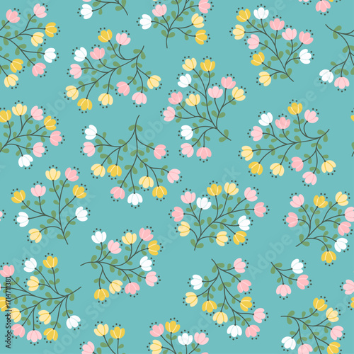 Seamless floral pattern, cute liberty ditsy print with mini hand drawn flowers in baby motif. Pretty botanical design collection small flowers, tiny leaves in pastel colors. Vector illustration. Stock
