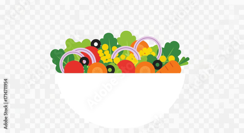 Fresh salad with vegetables in a white bowl illustration.