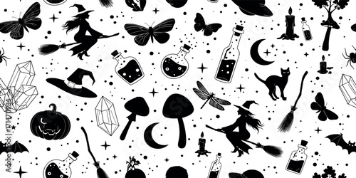 Seamless pattern with various witchcraft and Halloween elements. A magical monochrome background concept with witch silhouettes, black cats, and potions