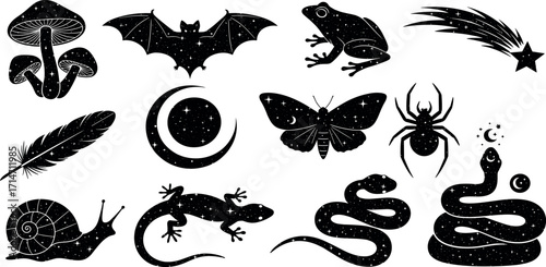 A mystical set of celestial icons featuring starry animals and occult symbols like snakes, bats, and mushrooms for esoteric design