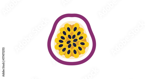 Half of a passion fruit with seeds and pulp on white background.