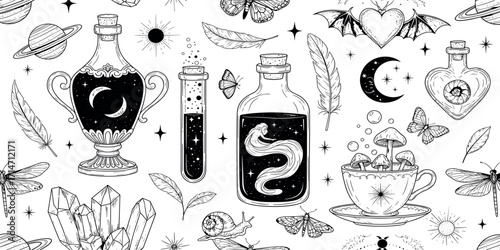 A hand-drawn vector set of magical and occult symbols. An esoteric illustration with potion, snake, crystals, and celestial elements for a mystical concept