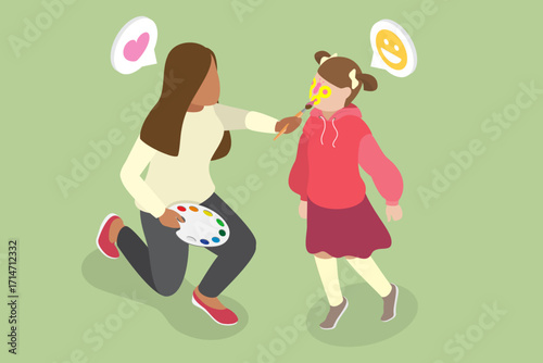 3D Isometric Flat Vector Illustration of Children Face Makeup, Skillful Woman Animator Creates Magical Butterfly Face Painting For Child