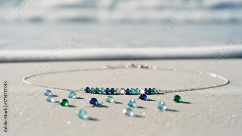 Ocean Inspired Beaded Anklet on Sandy Beach Shoreline.