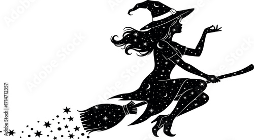 Magical cosmic witch silhouette flying on a broom, her form a celestial pattern of stars and moons