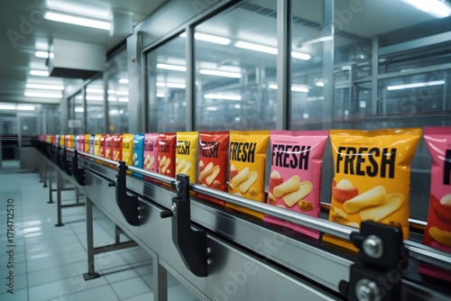 Organic potato chips packets manufacturing on conveyor belt in factory 