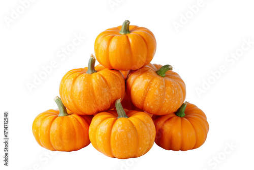 Stack of small orange pumpkins with green stems isolated on a transparent background