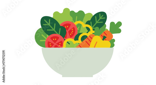 Fresh salad in a bowl with colorful vegetables and greens.