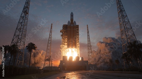 Dawn Rocket Launch at Spaceport with Towering Flames