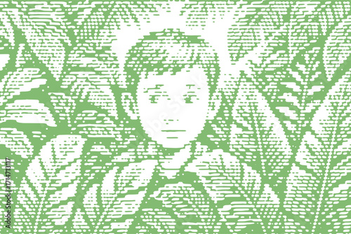 Abstract bitmap illustration of a shy boy peeking through green jungle leaves. Minimalist digital art capturing a moment of innocence and hiding in nature's foliage.