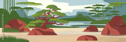 Vector paper cut illustration of Zen Japanese garden with bonsai tree and serene landscape