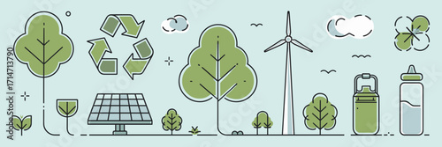Vector eco friendly lifestyle icons set with tree recycling solar panel and reusable items