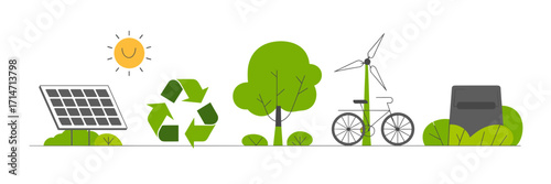 Vector eco friendly lifestyle icons set with solar panel recycling tree and bicycle