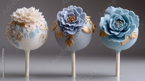 Wedding cake pops delicately decorated with sugar flowers, each one adding a playful and sweet touch to the celebration