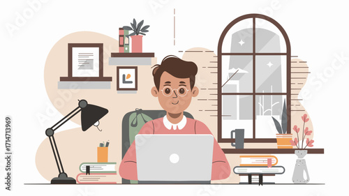 Student at desk with laptop for online learning – Great for education platforms, remote work graphics, or e-learning promotions