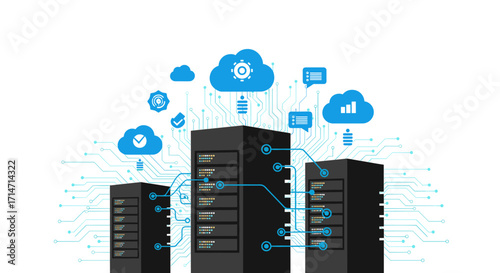 Secure cloud network solution with interconnected servers for efficient data management, ideal for technology and business presentations