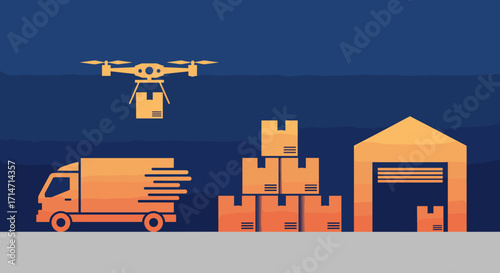 Streamlined logistics with drone delivery, truck transport, and warehouse storage for efficient package management solutions