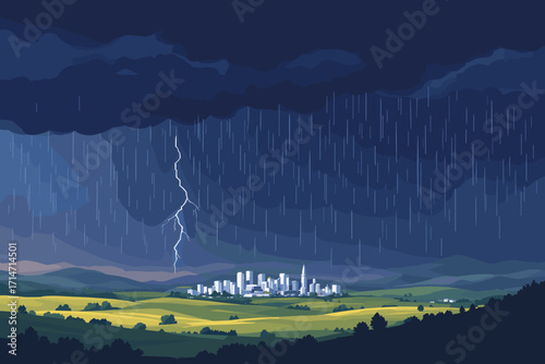 Dramatic lightning strikes over cityscape during intense thunderstorm, showcasing nature's raw power and urban vulnerability under ominous skies