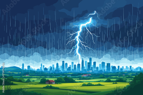 Electric lightning storm striking vibrant city skyline over green landscape during heavy rain, showcasing nature's power and urban resilience