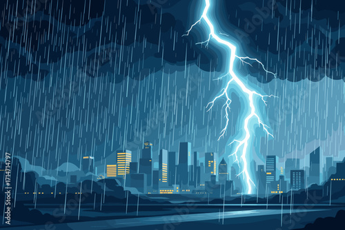 Dramatic lightning striking above a city skyline during a heavy rainstorm, capturing the power and beauty of nature's force